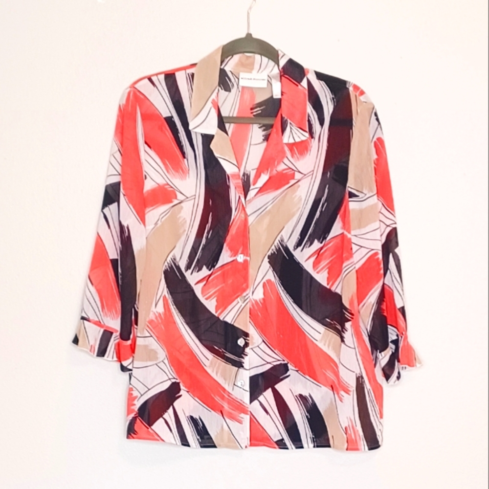 Alfred Dunner Coral Black Tan Abstract Brushstroke Button-Down Shirt